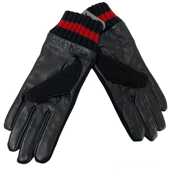 CALVIN KLEIN Leather & Wool Blend Gloves Striped Cuff NEW Black Red